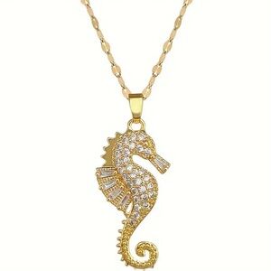 Gold tone & Rhinestone Seahorse Pendant Necklace NEW NWT
